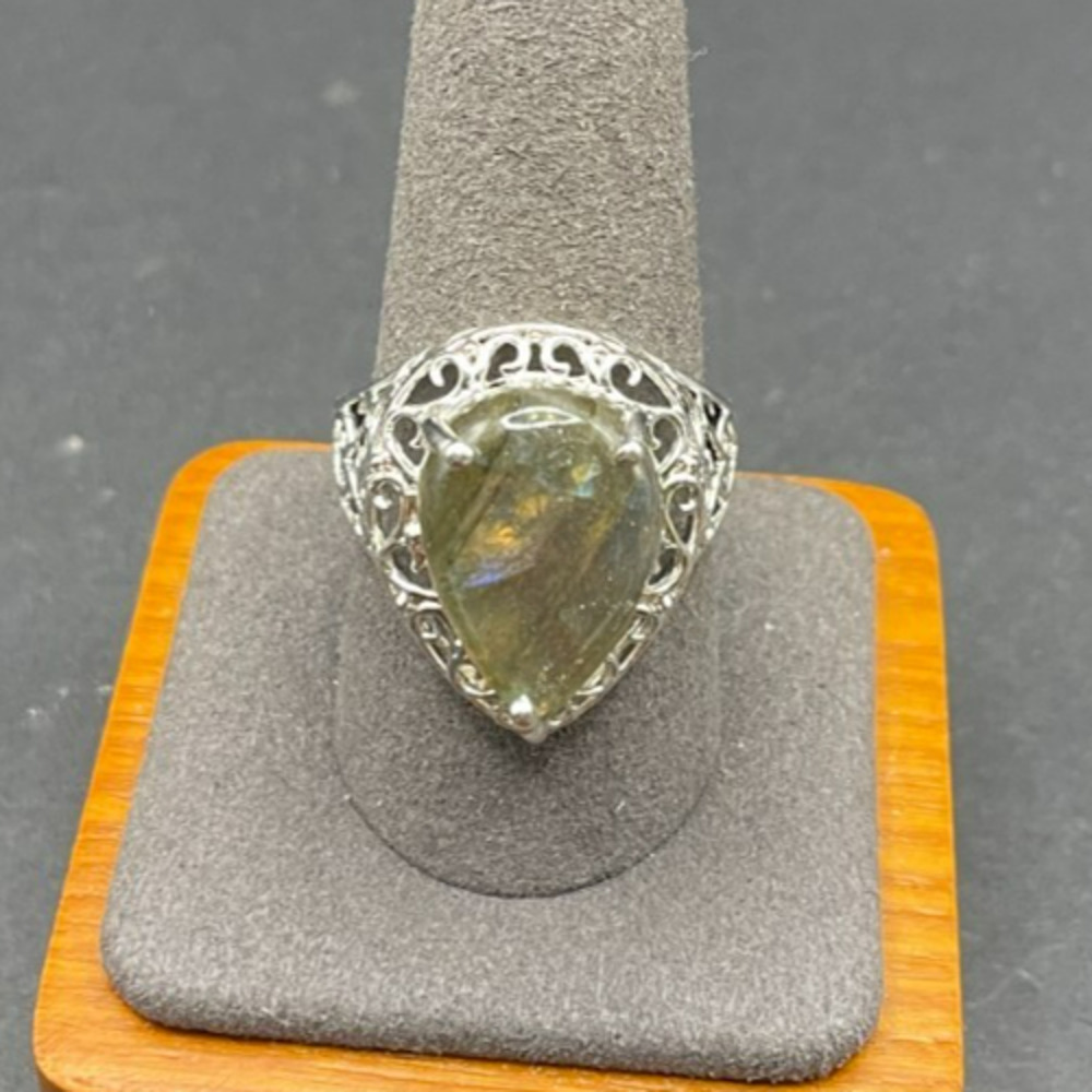 925 Sterling Silver STS Labradorite Pear Cabochon Filigree Solitaire Ring Sz 10